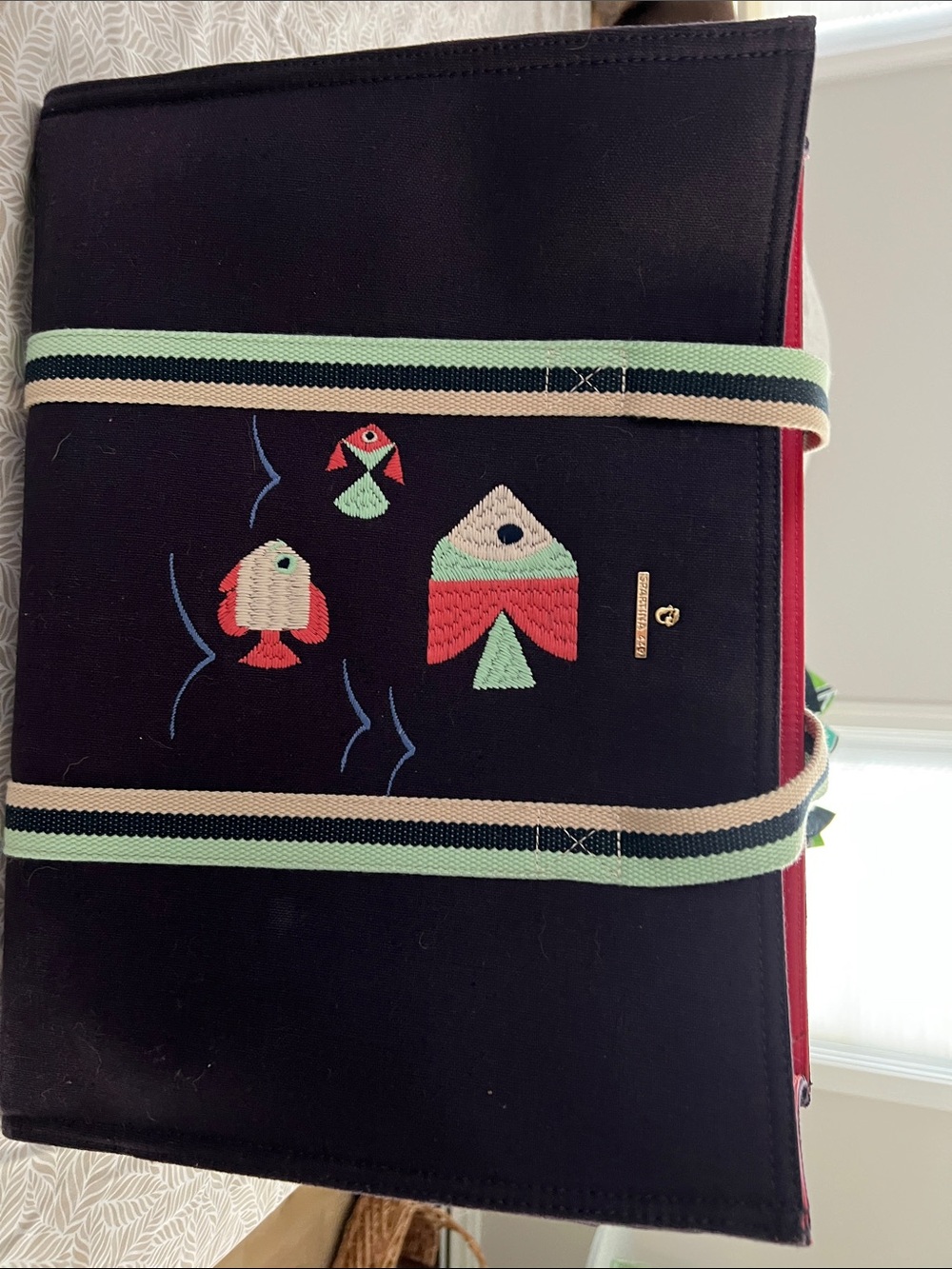Spartina 449 Navy Canvas Carry-All Tote featuring colorful embroidered fish